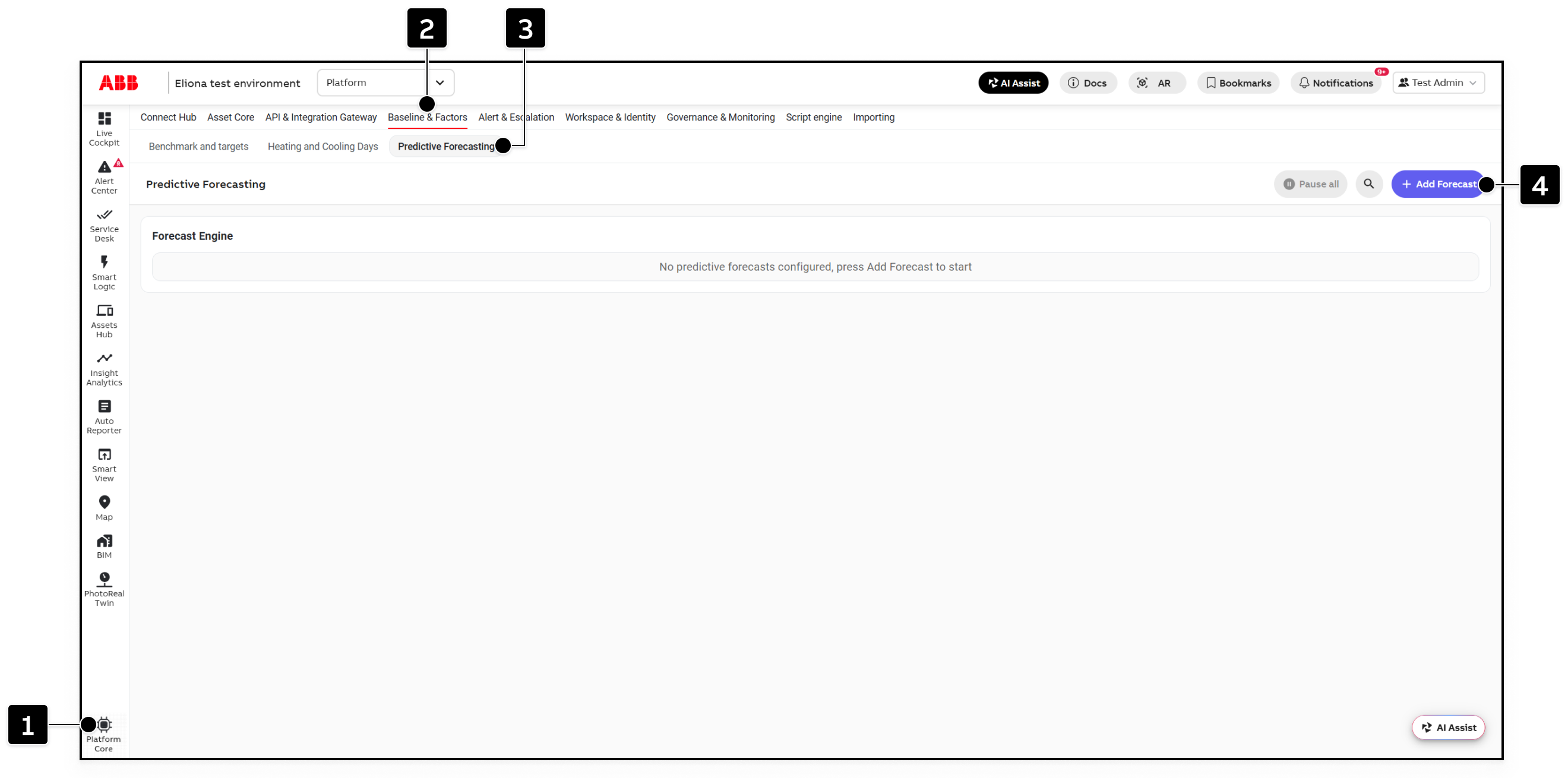 Platform Core with Baseline and Factors, Predictive Forecasting, and Add Forecast marked